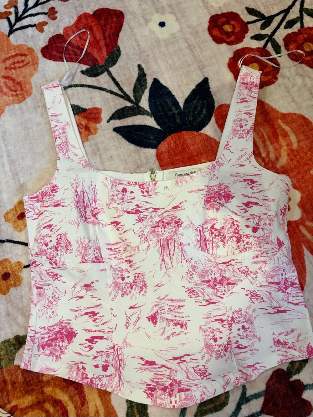 Francesca's White & Pink Toile Square-Neck Camisole